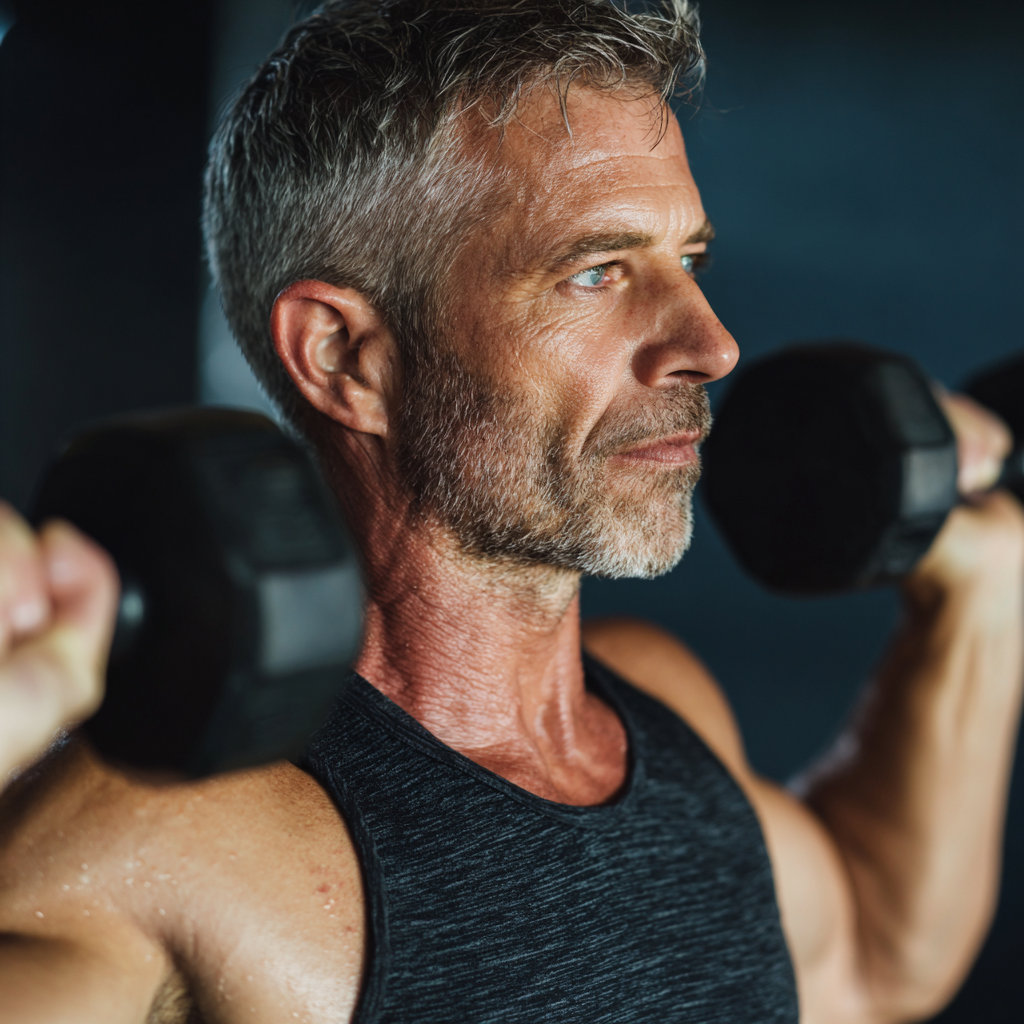 Focused middle-aged adult engaging in strength training session