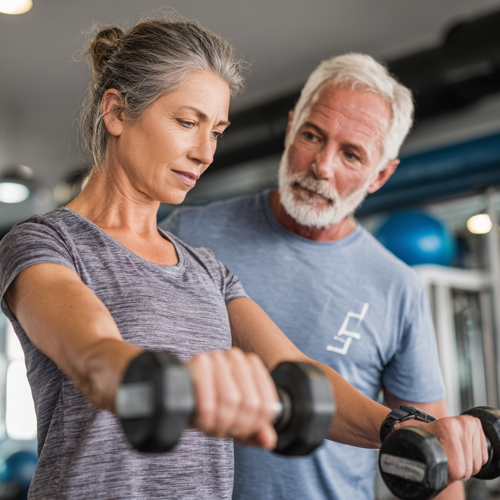 Professional trainer assisting mature adult with proper exercise form